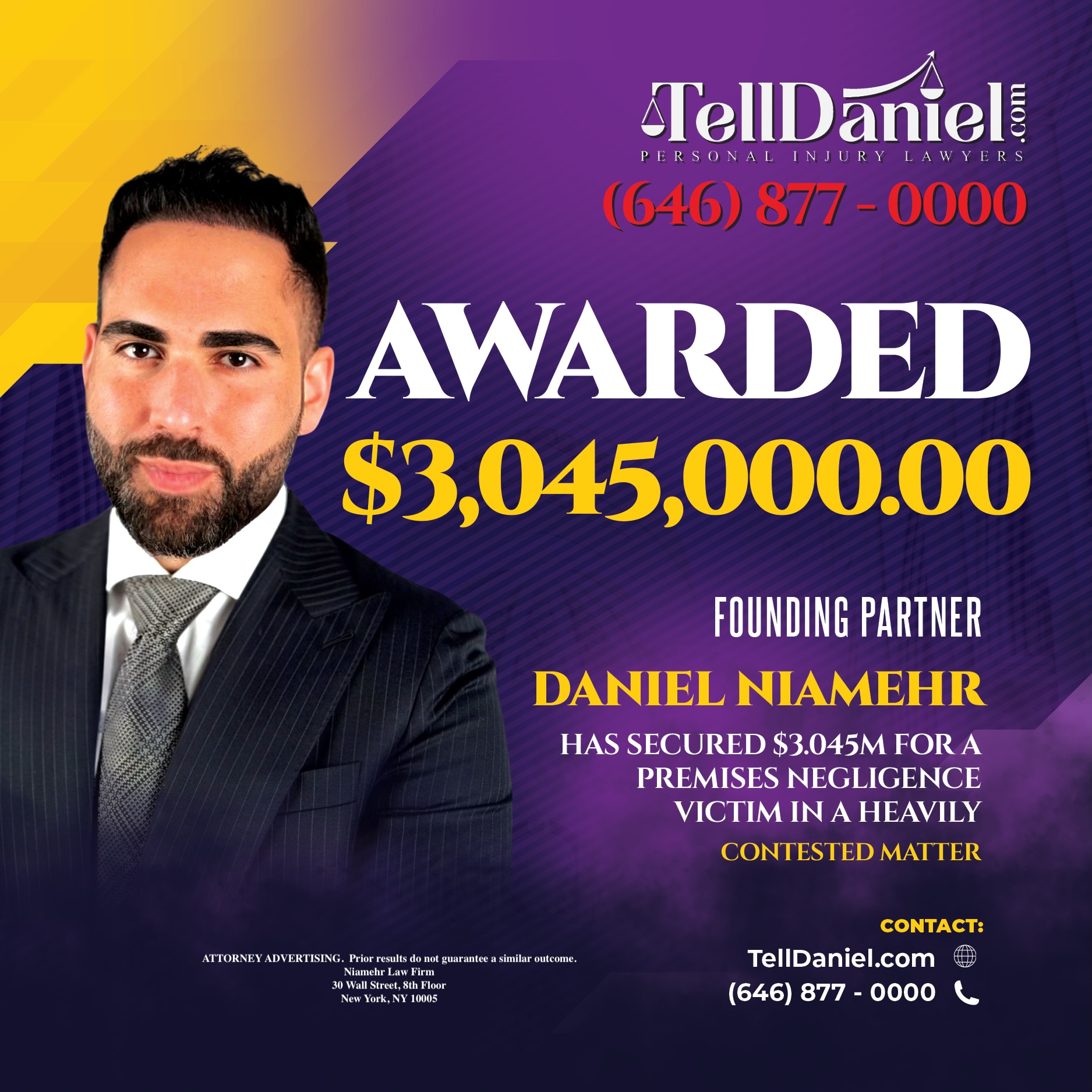 Niamehr Law Firm Facebook ad: Over $3M Secured for Premises Negligence