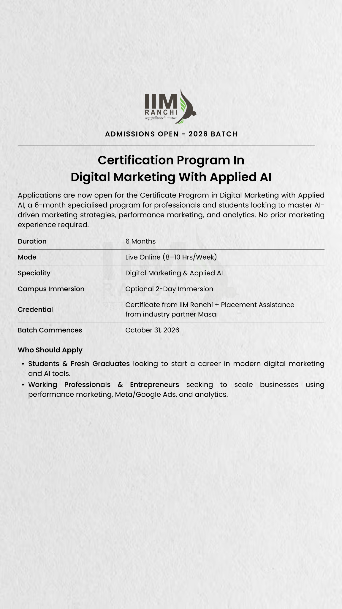 IIM Ranchi EEC Office Facebook ad: Applied AI for Digital Marketers