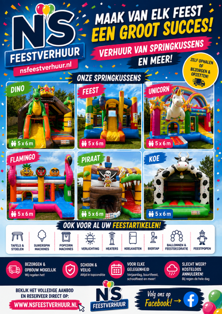 NS feestverhuur Facebook ad: Springplezier begint bij NS Feestverhuur!