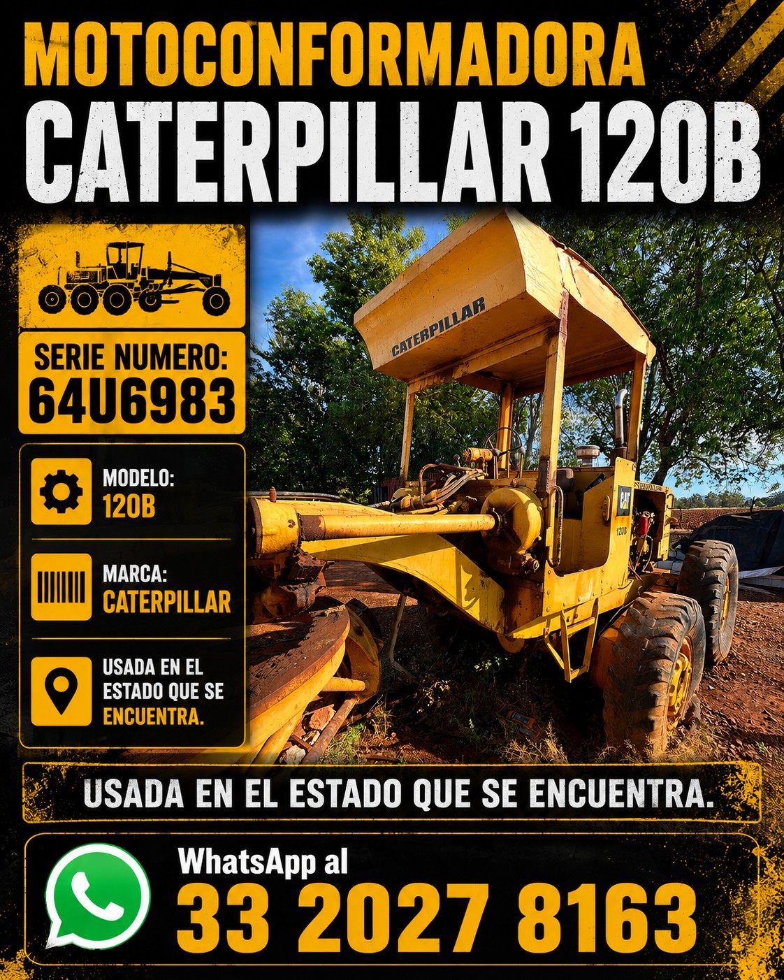 Constructora Solurg Facebook ad: **Motoconformadora Caterpillar 120B disponible.**
