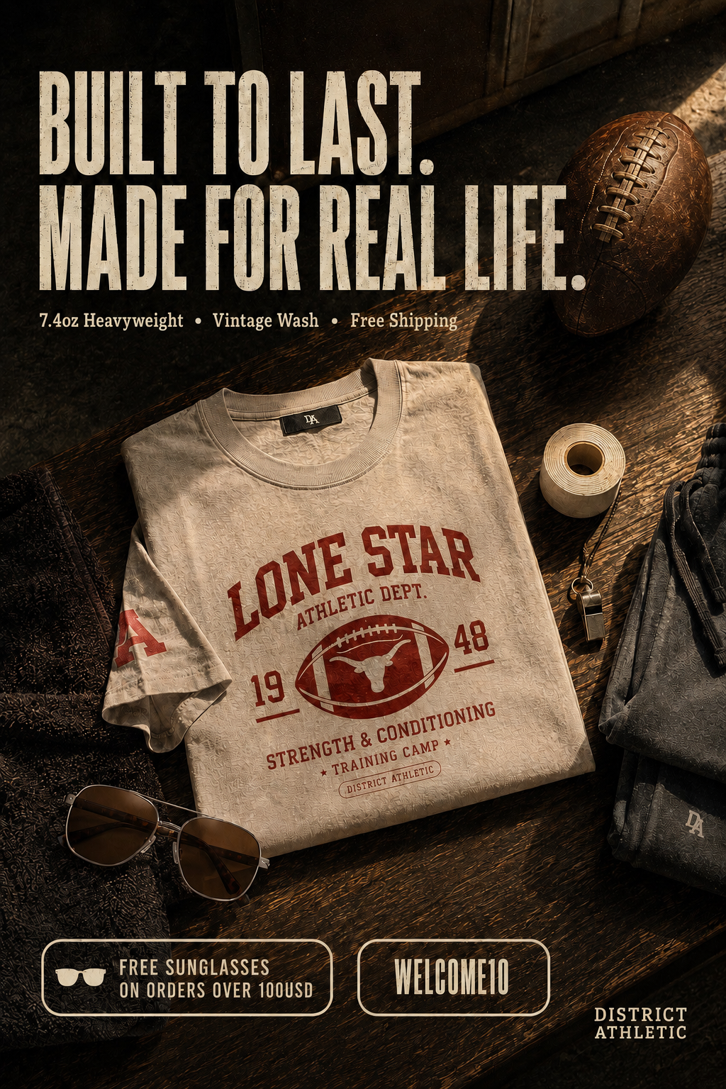District Athletic Apparel Facebook ad: Built to last. Made for real life.