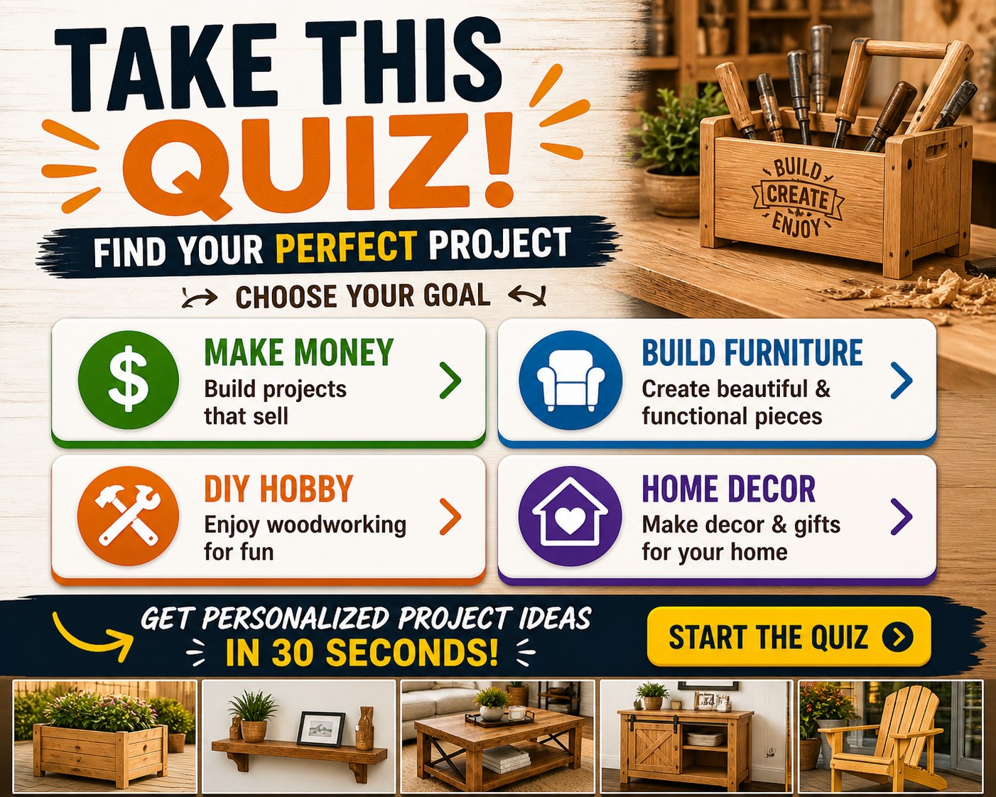 Wood Working ideas Facebook ad: Wood Working Quiz - Wood Working Plans