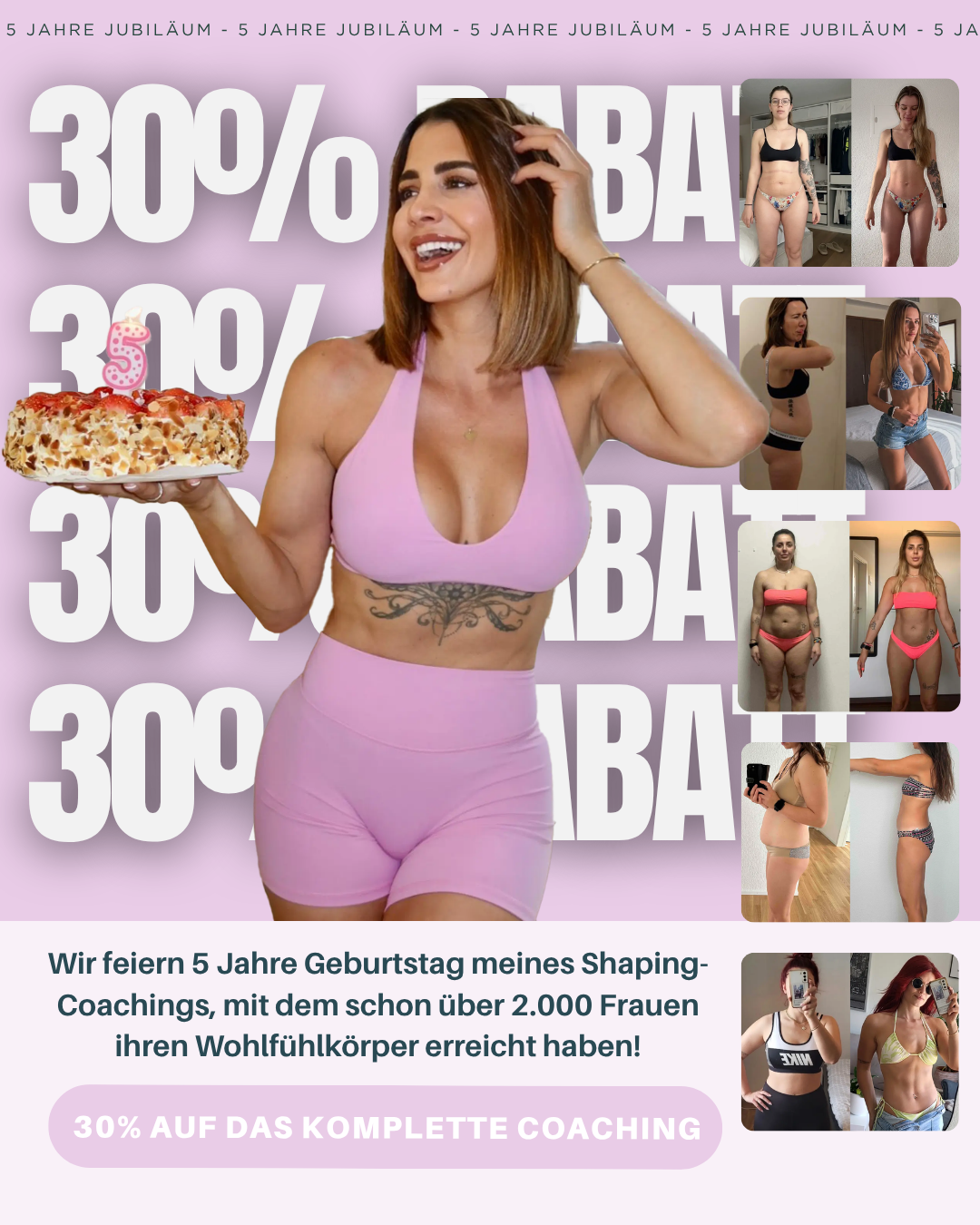 Andrina Santoro - Online Coaching Facebook ad: 5 Jahre Coaching, 30% Rabatt sichern