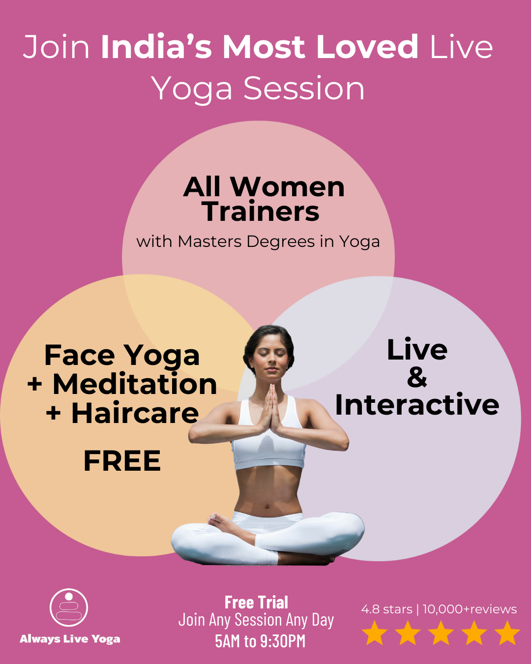 Always Live Yoga Facebook ad: Online Yoga for Women by Women. Flexible Timings