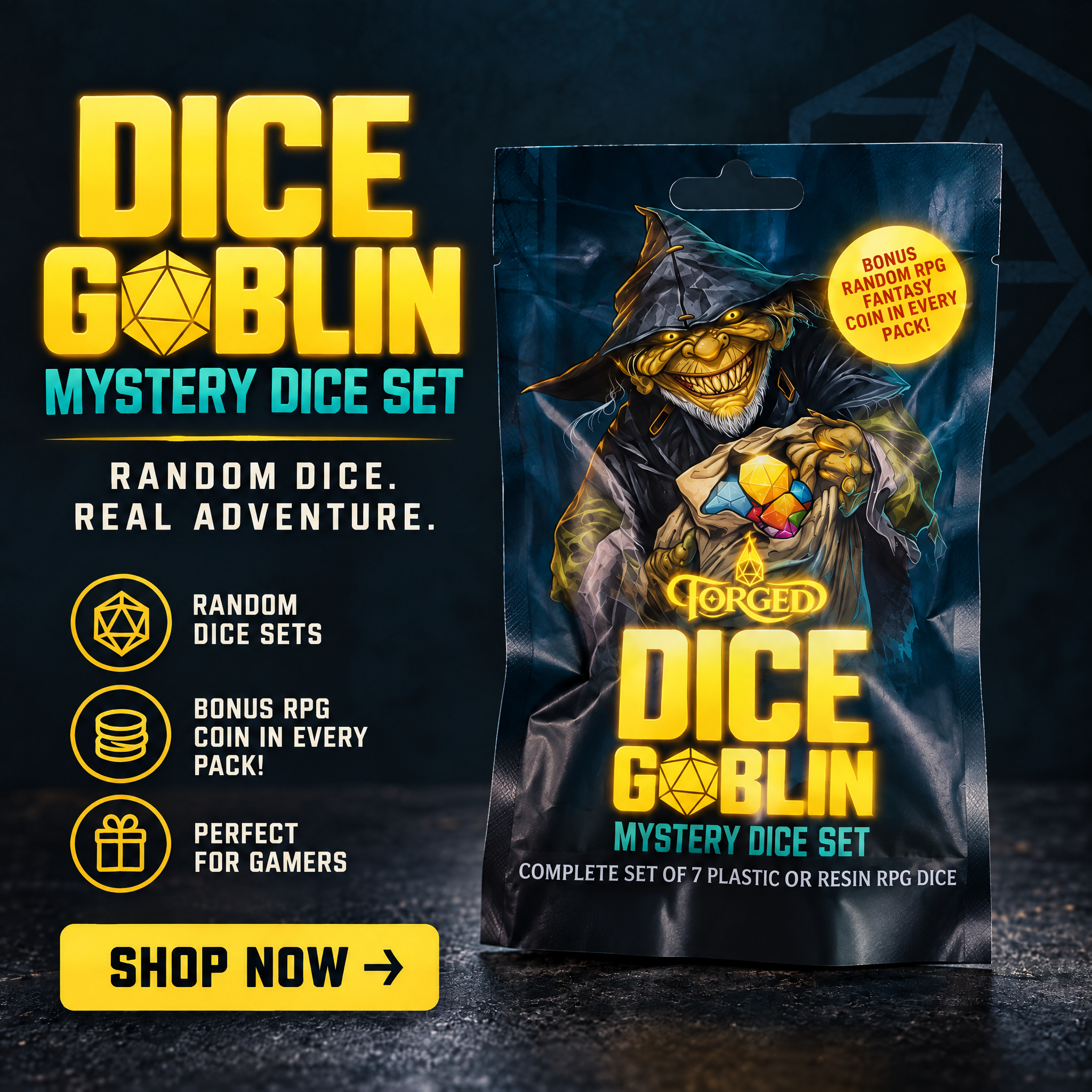 Forged Dice Company Facebook ad: Random Dice. Real Adventure.