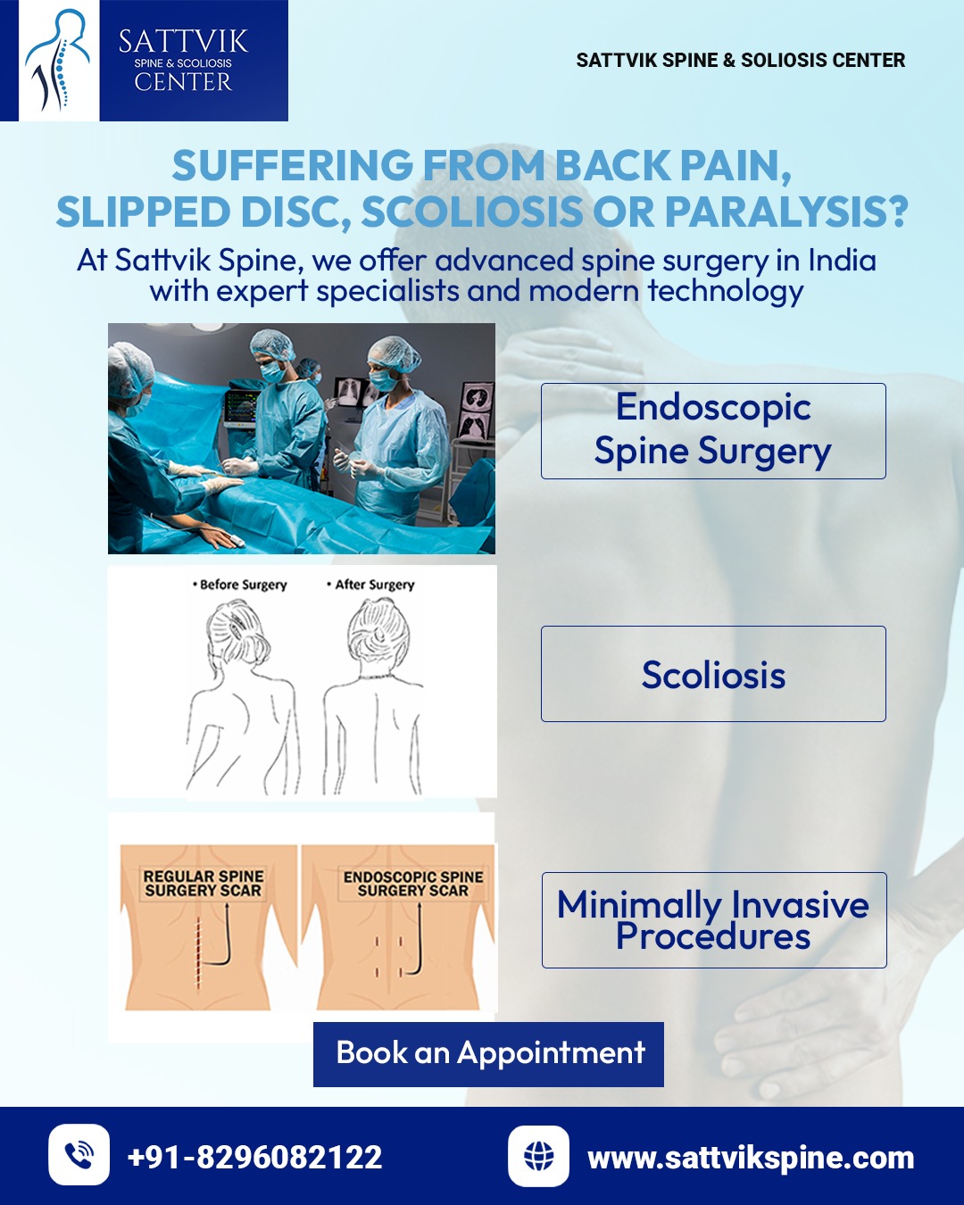 Sattvik Spine & Scoliosis Center Facebook ad: Back pain, slipped disc, scoliosis, or paralysis affecting…
