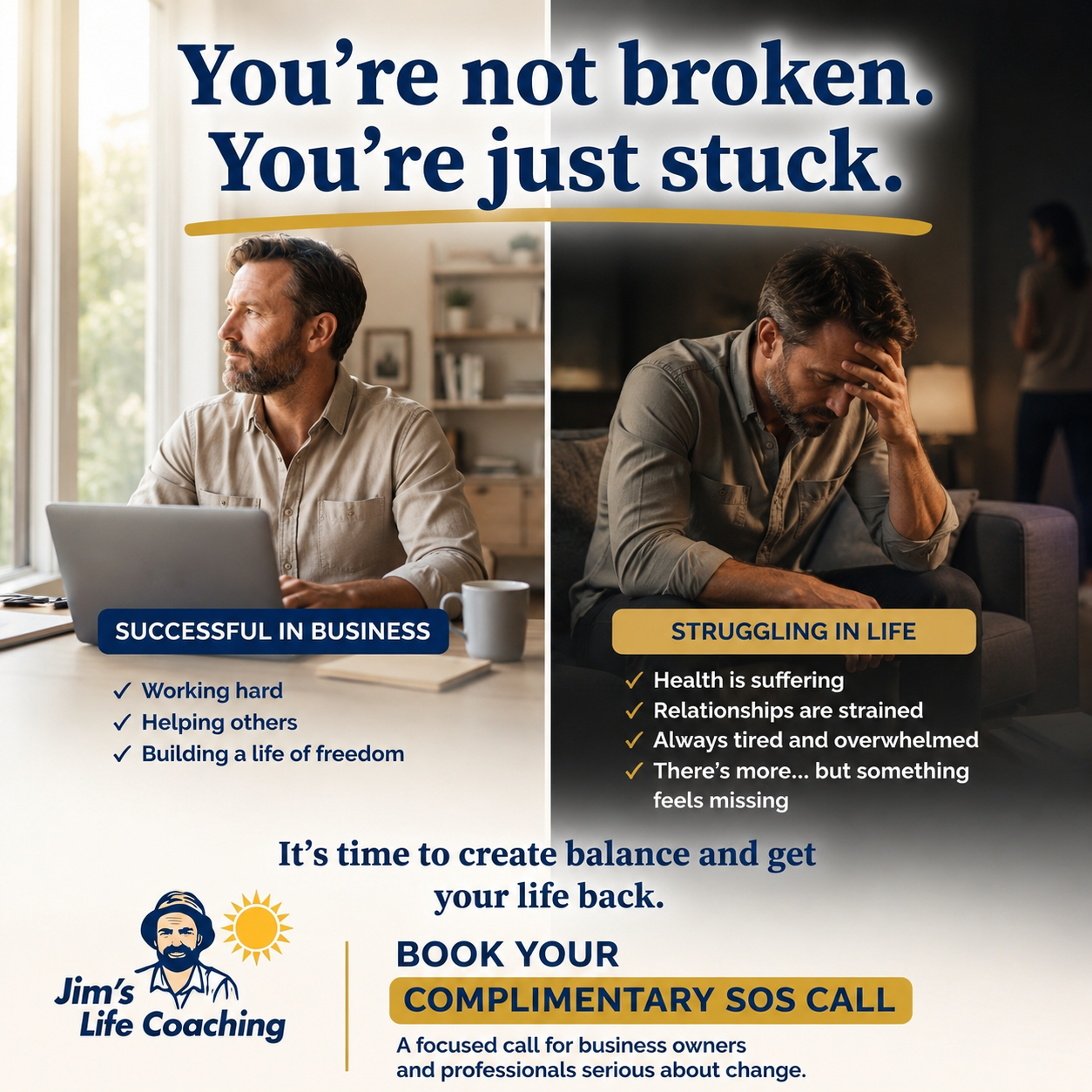 Jim's Life Coaching Facebook ad: Book your complementary SOS Call