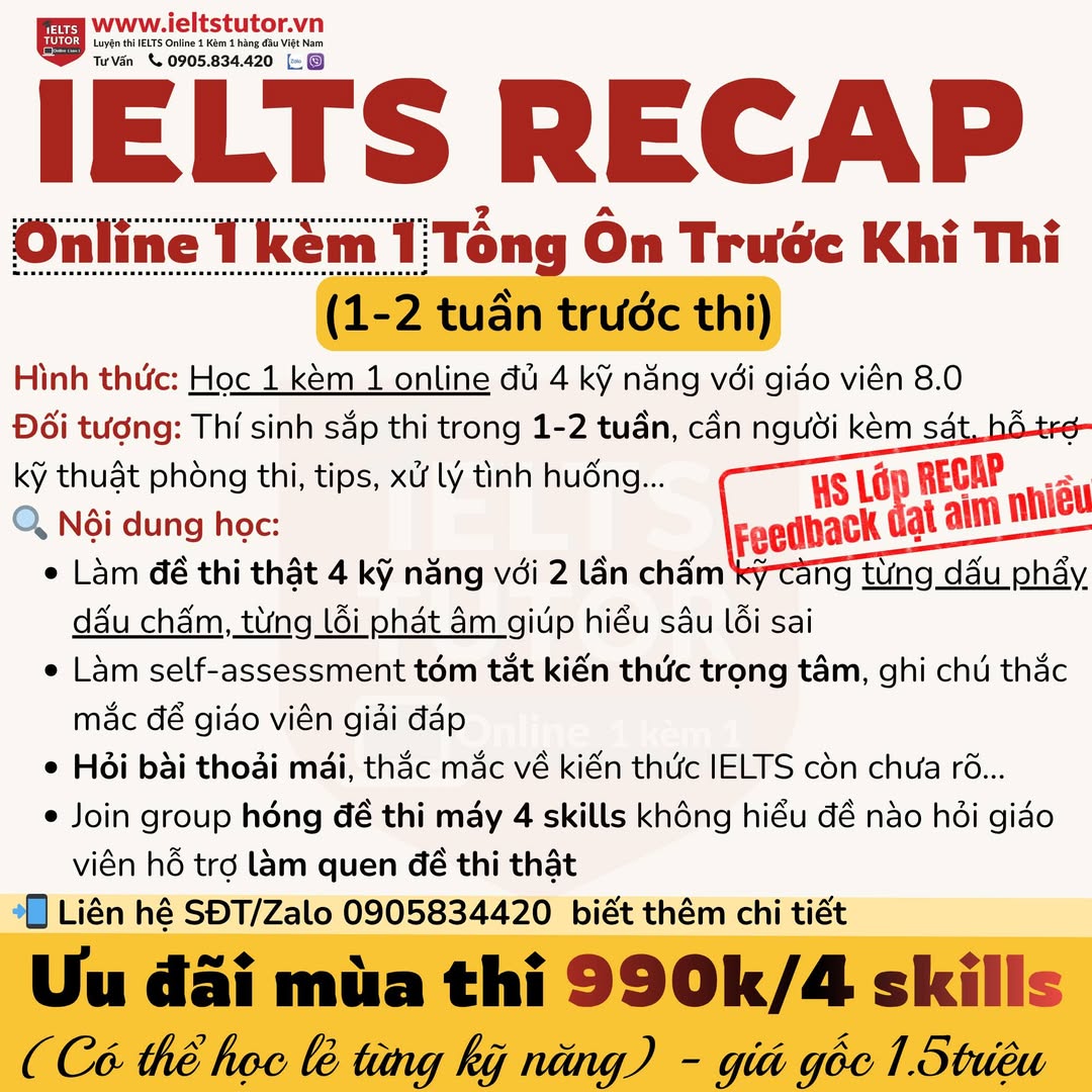 ieltstutor.vn - Chấm bài IELTS Writing Speaking online hàng đầu Việt Nam Facebook ad: IELTS ONLINE 1 kèm 1 - Khoá luyện thi gấp 1-2 tuần nữa thi