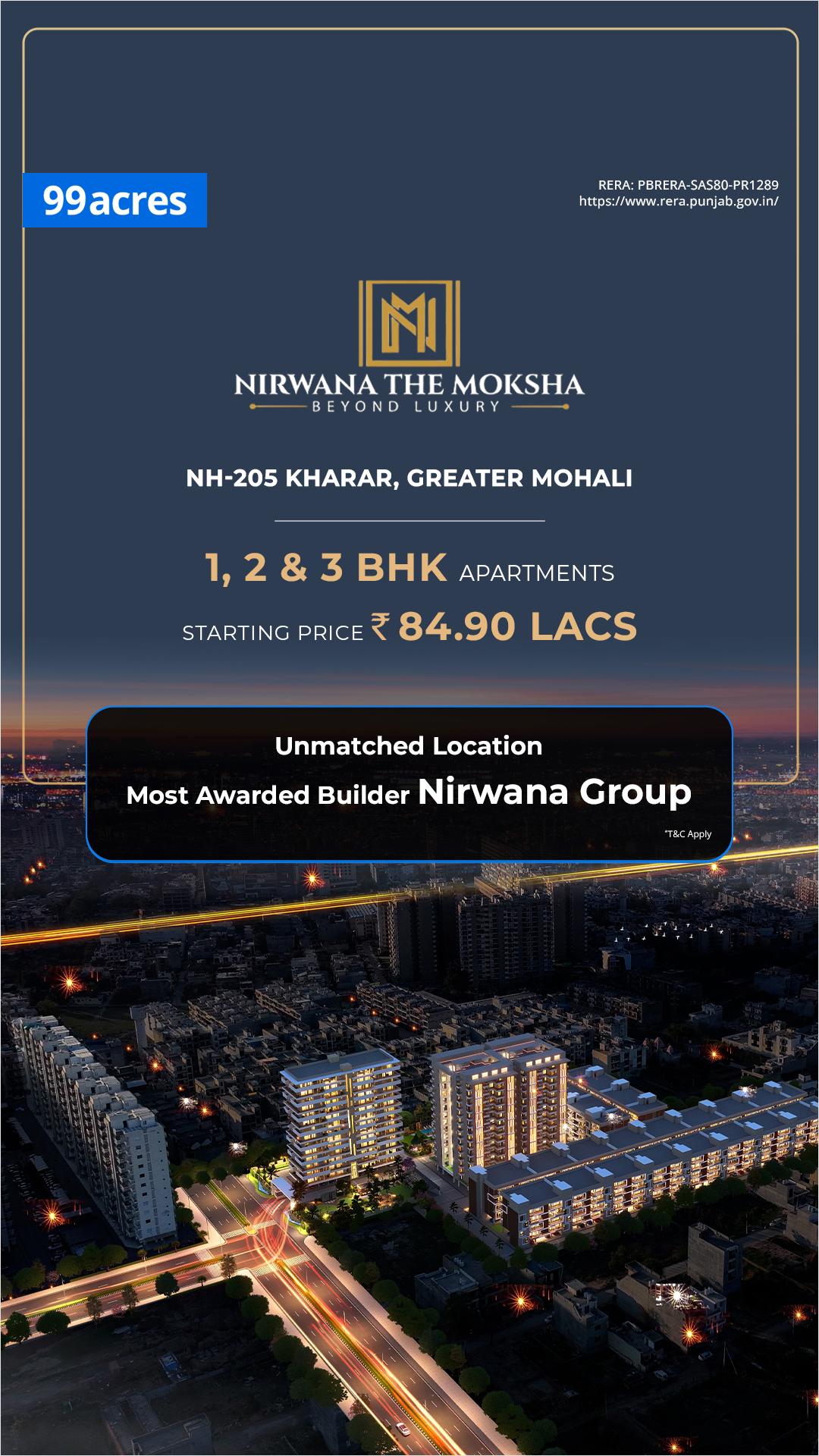 99acres Premium Projects Facebook ad: 1, 2 & 3 BHK Apartment ₹84.90 Lakh Onw.