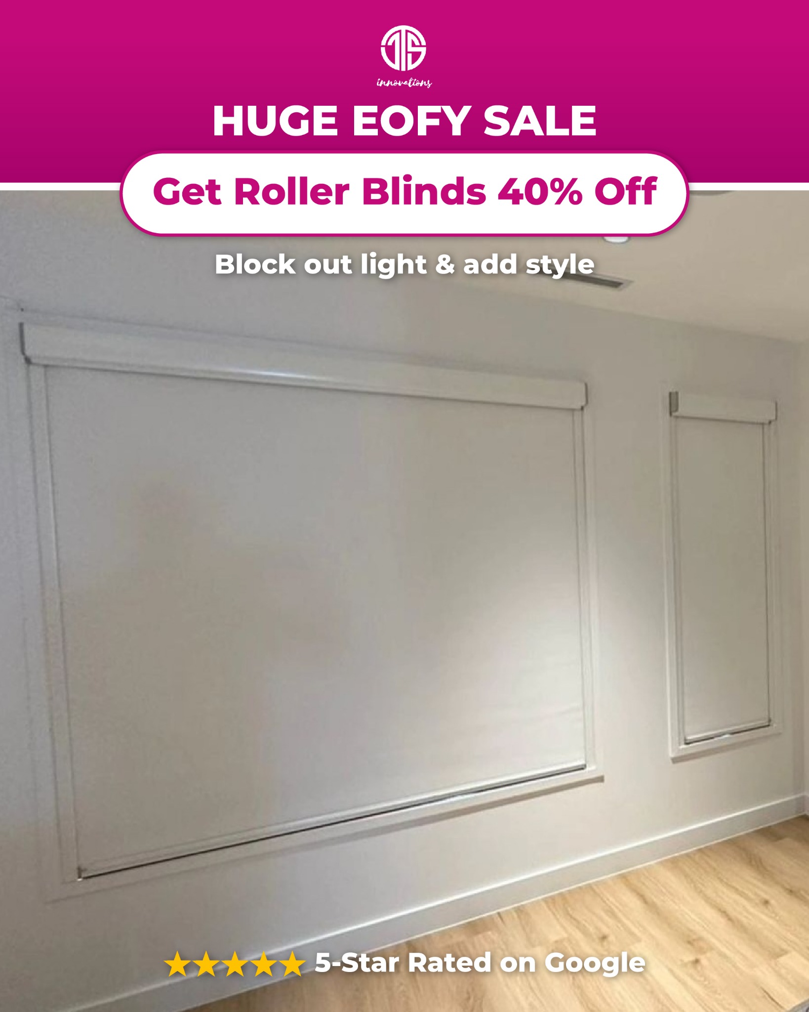 JTS Innovations Blinds Shutters Awnings Facebook ad: HUGE 40% OFF on Roller Blinds