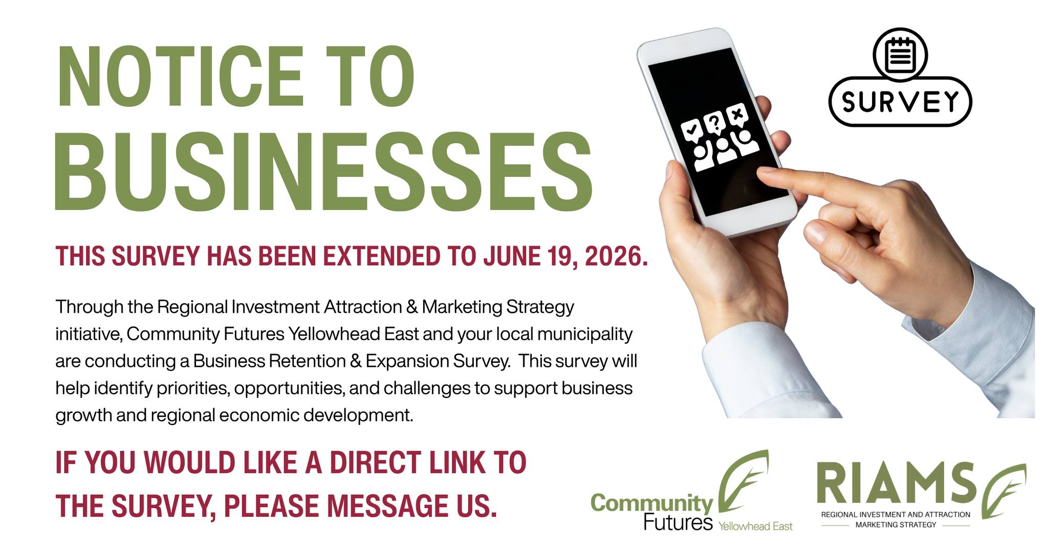 Community Futures Yellowhead East Facebook ad: Yellowhead East Businesses, We Still Want to Hear…