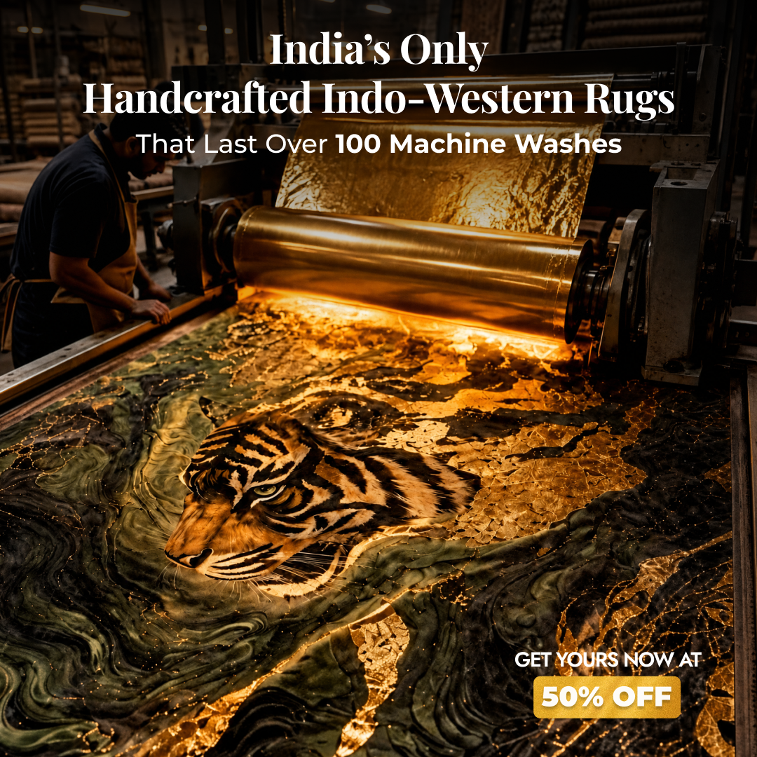 PittariSpaces Facebook ad: Flat 50% Off on Gold-Pressed Luxury Rugs