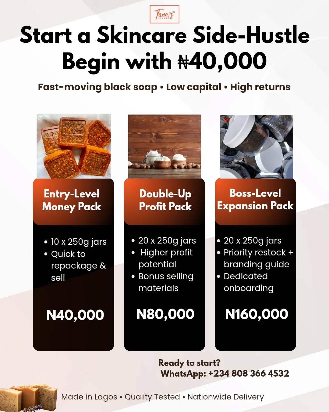 Tana's Secret Skincare Facebook ad: START A SKINCARE BUSINESS WITH JUST ₦40,000 LIMITED…