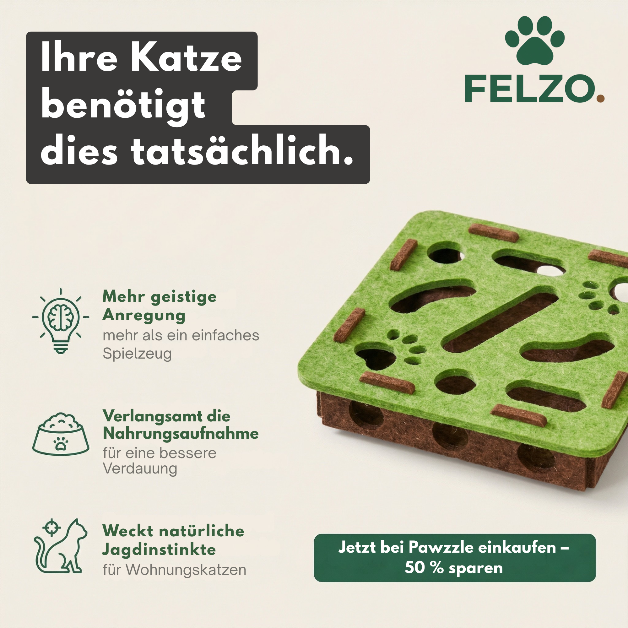 Felzo Facebook ad: Deine Katze braucht kein neues Spielzeug. Sie braucht das…