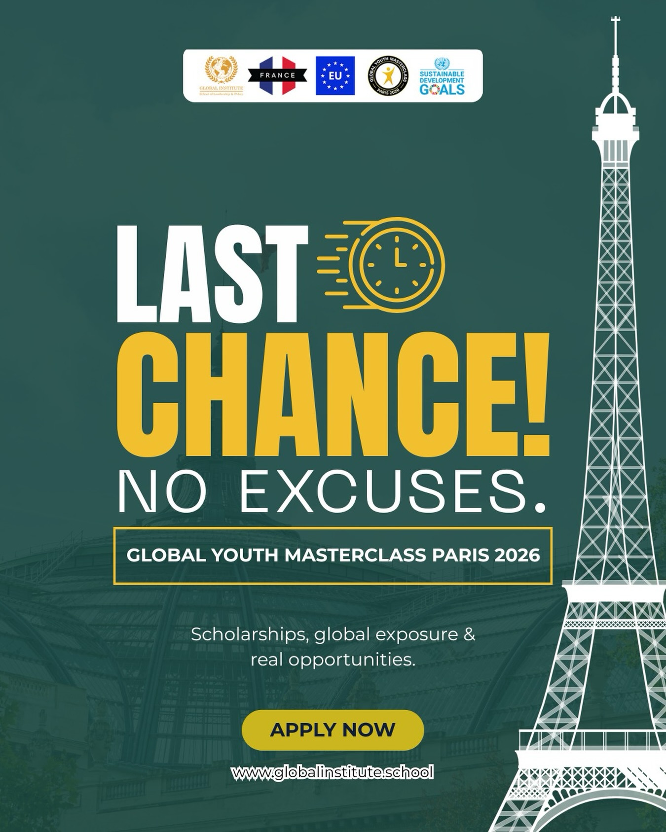 Global Institute / School of Leadership and Policy Facebook ad: Funded Scholarships, Global Youth Masterclass Paris 2026