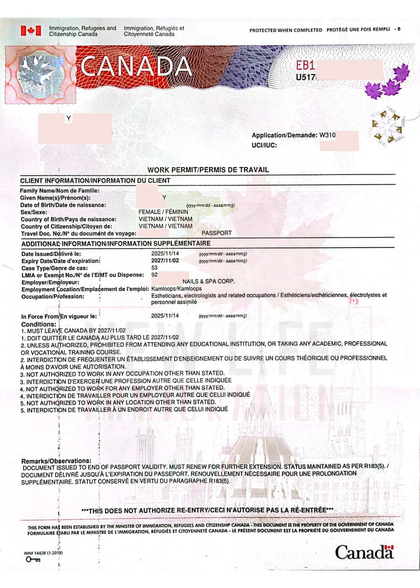 New Life Immigration - Chuyên Định Cư Canada Diện Tay Nghề Facebook ad: CHÚC MỪNG CHỊ Ý ĐƯỢC CẤP WORK PERMIT…