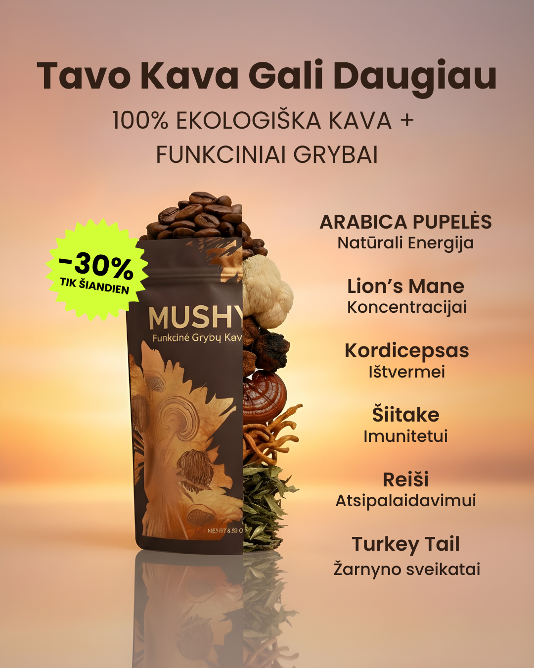 MUSHY Funkcinė Grybų Kava Facebook ad: Daugiau nei tik kava.