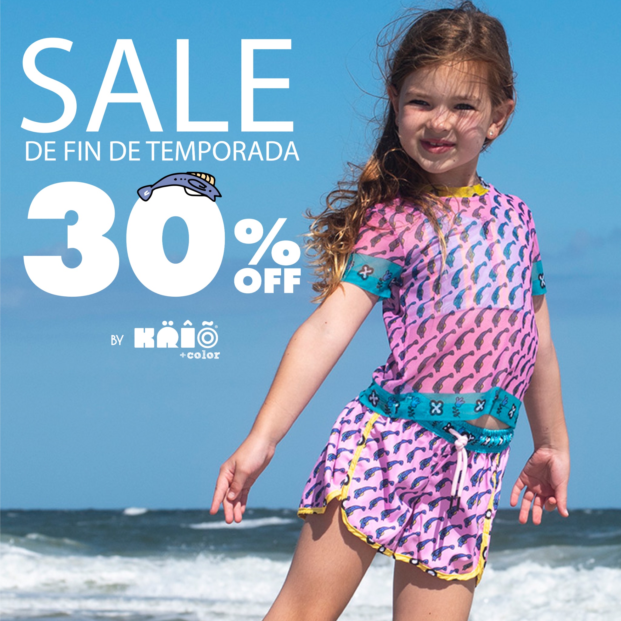 Krio Color. Stylish & Fun Children's Sun UV Swimwear Facebook ad: 30% OFF Sardines Solo por Tiempo Limitado