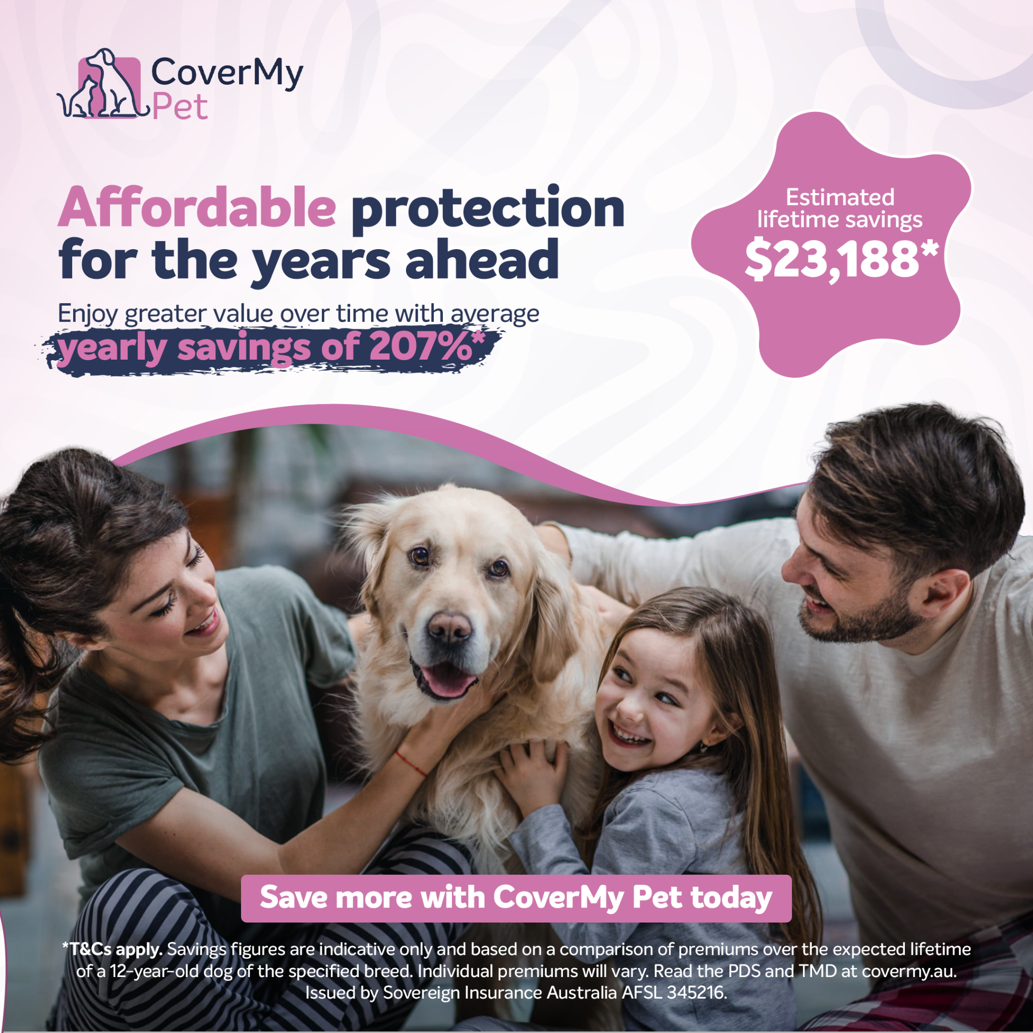 CoverMy Pet Australia Facebook ad: Save more over your pup's lifetime