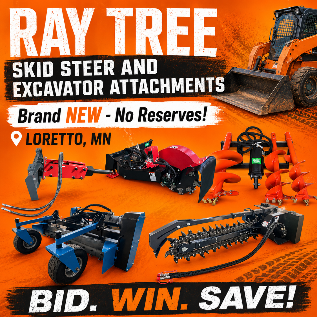K-BID Equipment & Industrial Auctions Facebook ad: Twin Cities Equipment Auction ~ Skid Steers, Excavator…