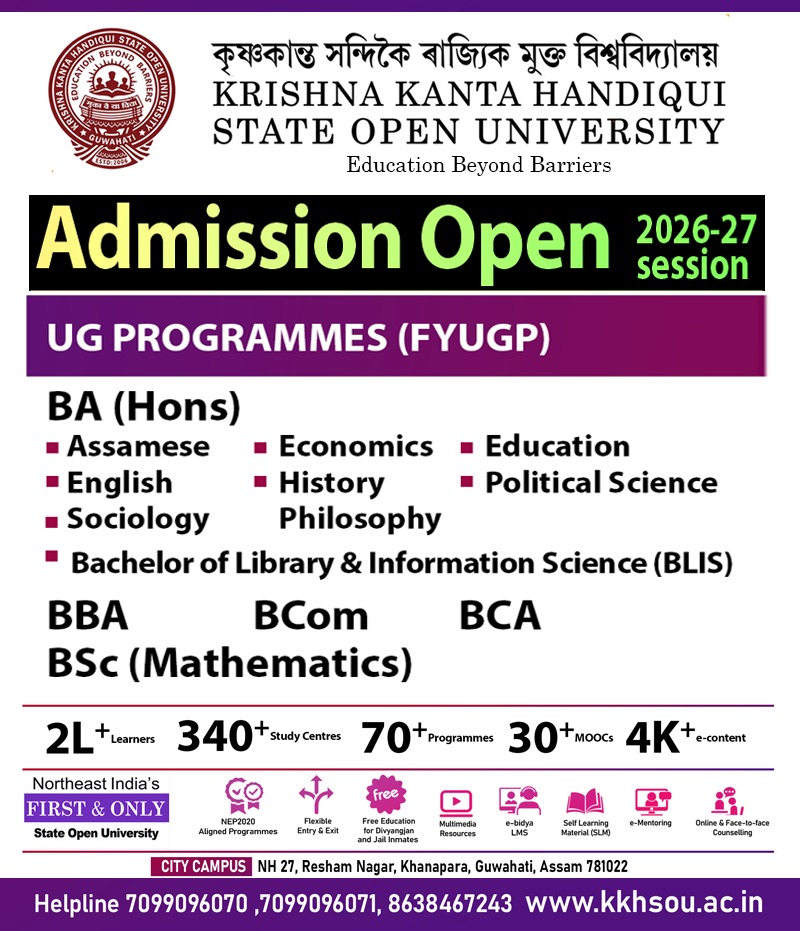 Krishna Kanta Handiqui State Open University Facebook ad: Online Admission Open for July-August 2026 Session