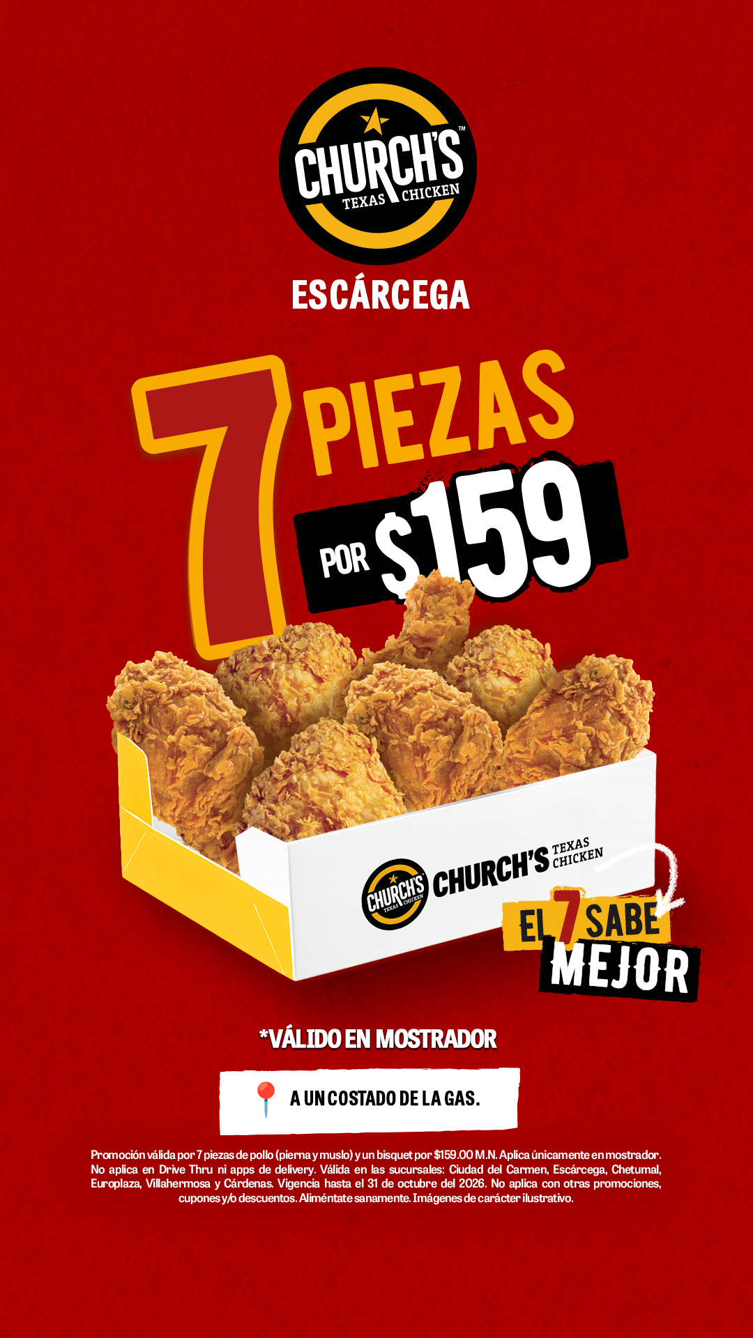 Churchs Texas Chicken MX Facebook ad: Church's Texas Chicken Escárcega · Solidaridad, Unidad…