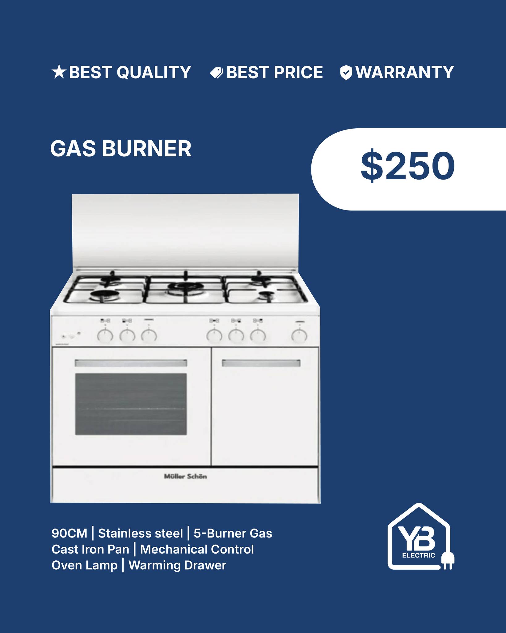 YB Electric Facebook ad: 90CM Gas Cooker for $250.