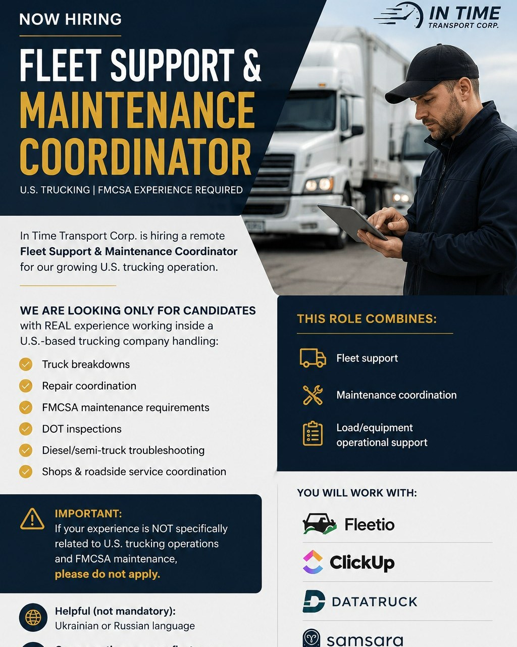 In Time Transport Corp. Facebook ad: Fleet Support & Maintenance Coordinator