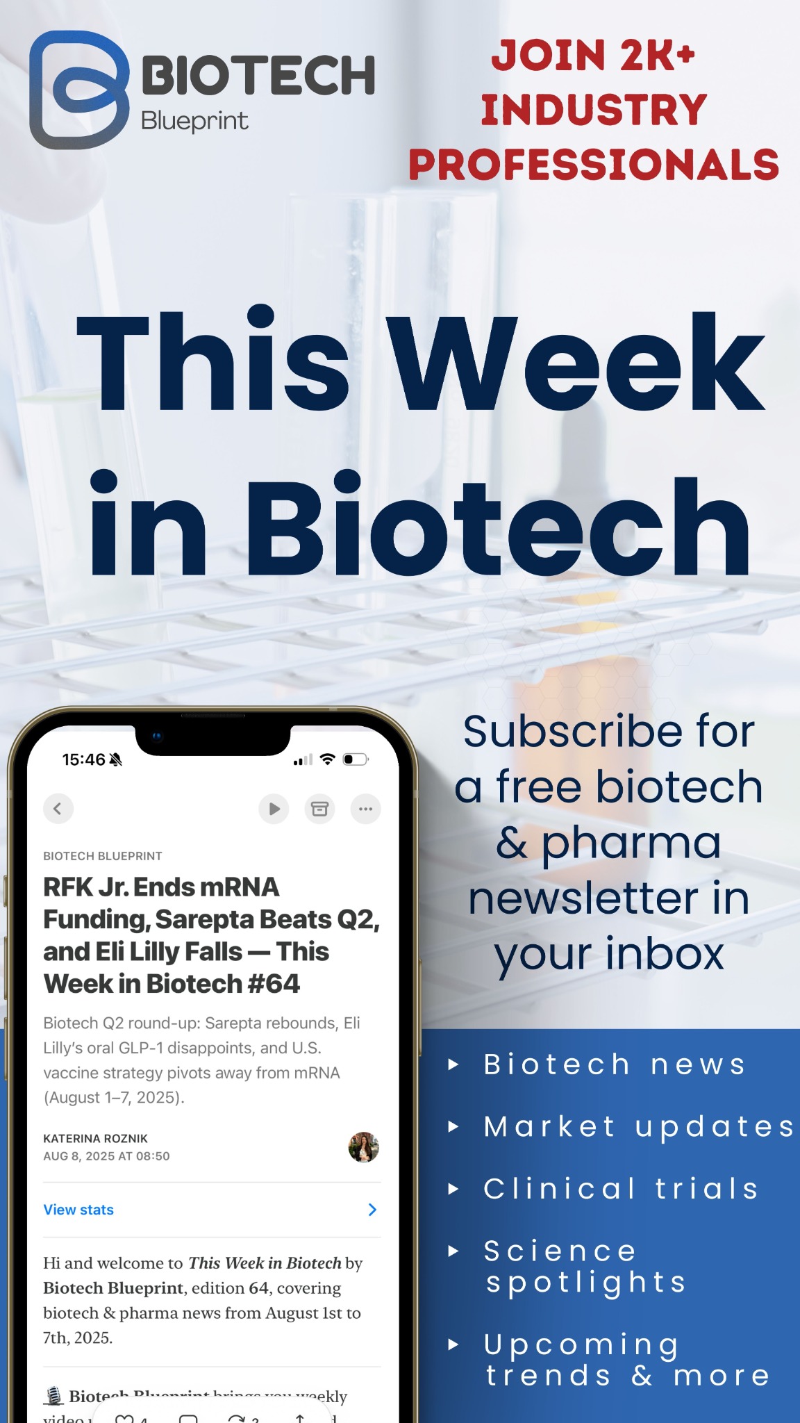 Biotech Blueprint Facebook ad: Free biotech news and market updates in your inbox weekly.