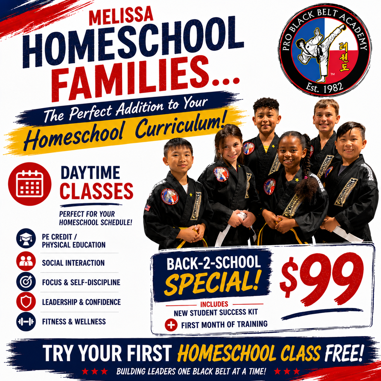 Professional Black Belt Academy - Melissa Facebook ad: Homeschool Classes - Enrolling Now!
