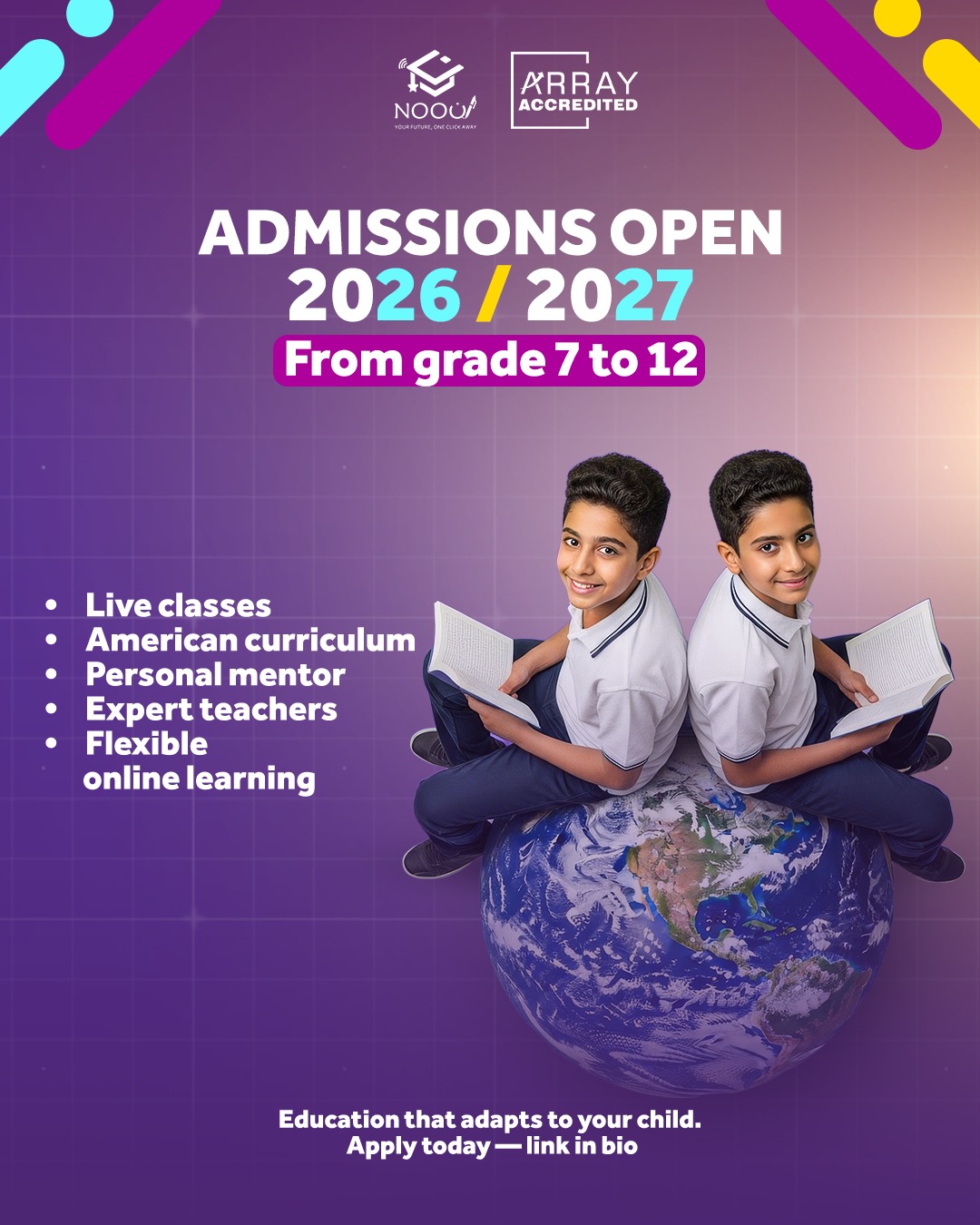 Noon Online School Facebook ad: Admissions for 2026 / 2027 are now open.