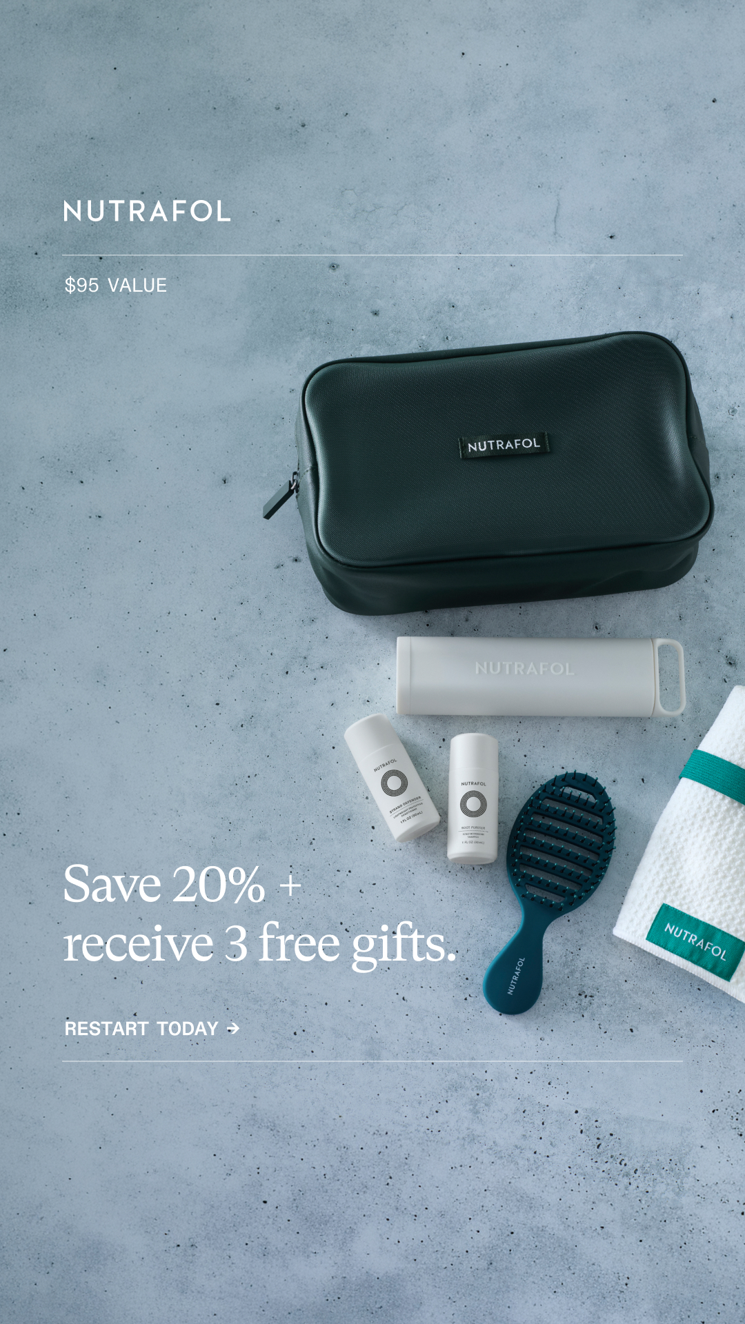 Nutrafol Facebook ad: Save 20% + free gifts ($95 value).