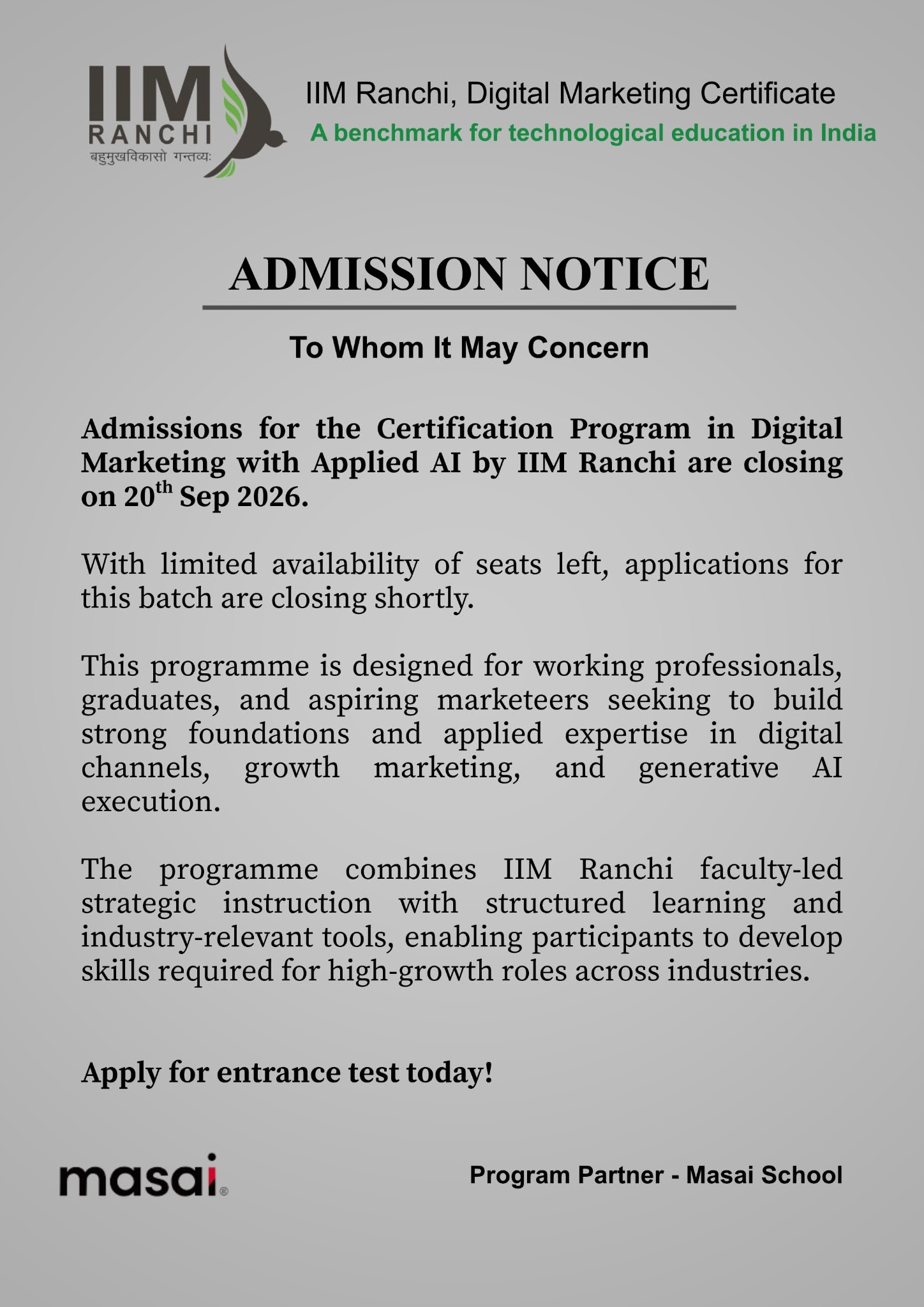 IIM Ranchi EEC Office Facebook ad: Applied AI for Digital Marketers