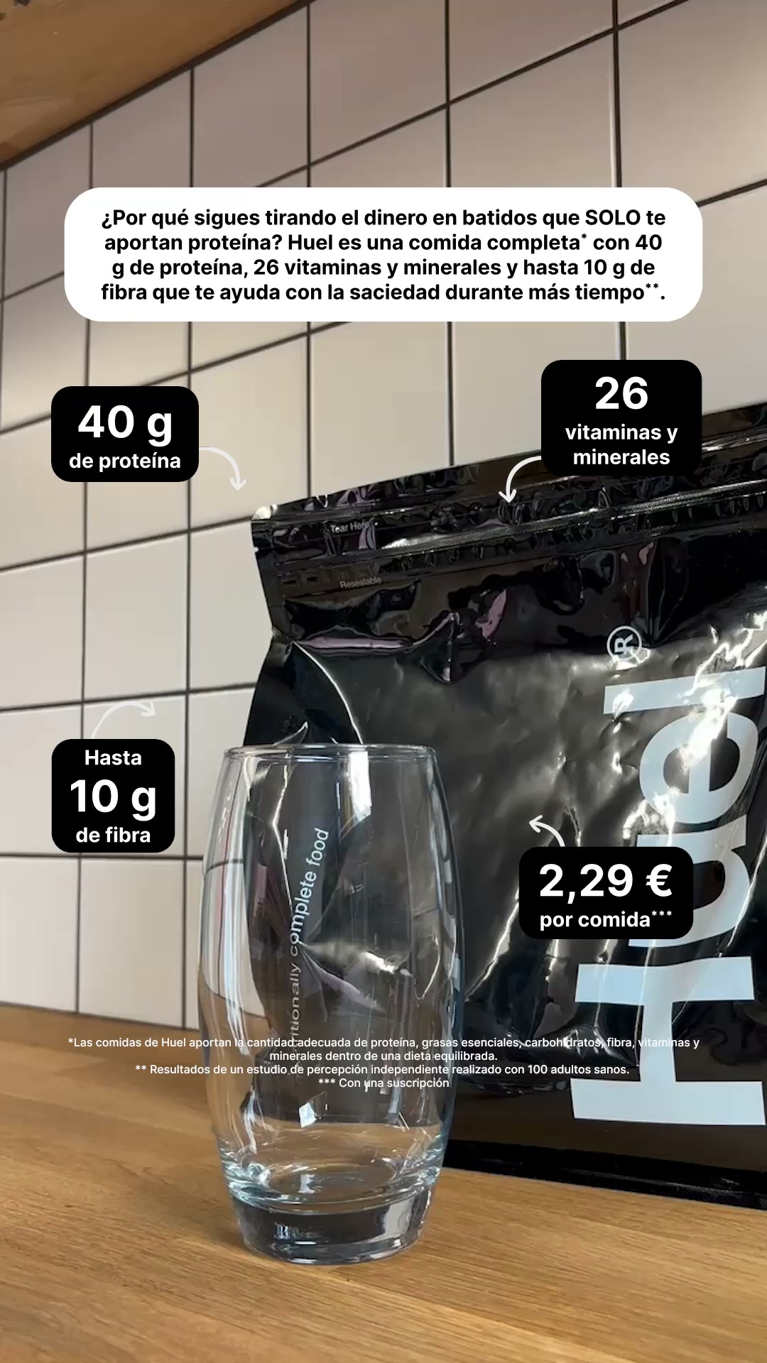 Huel Facebook ad: 40 g de proteínas. Listo en segundos.