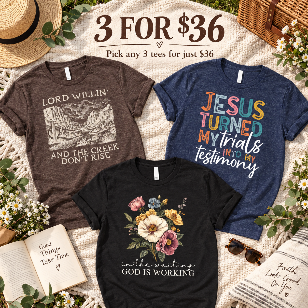 Love in Faith Facebook ad: 3 Tees. $36. Faith Never Goes Out of Style.