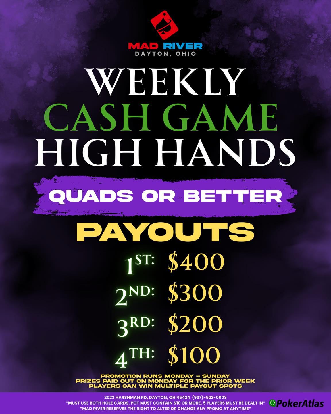 Mad River Poker Club Facebook ad: Nightly GTD Tournaments.
