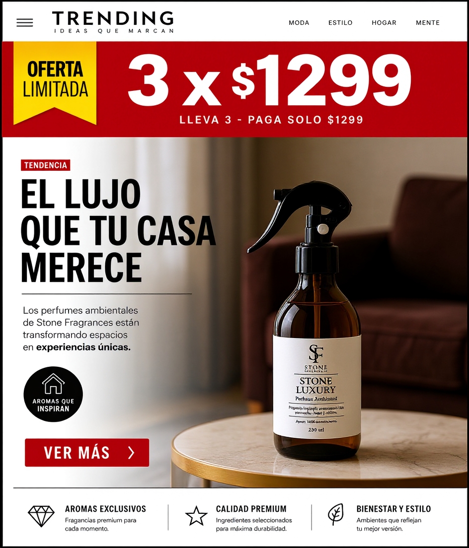 Stone Fragrances México Facebook ad: Llévate 3 perfumes ambientales por $1,299