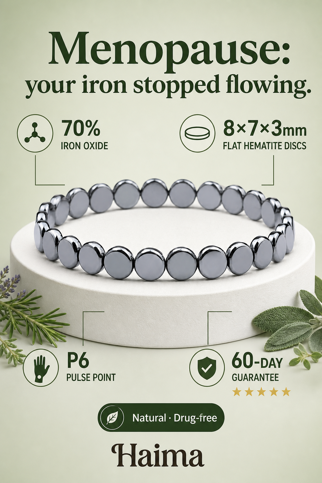Dr. Ellen Hart Perimenopause & Hormone Health Facebook ad: Haima Hematite Bracelet | Your Natural Menopause Solution