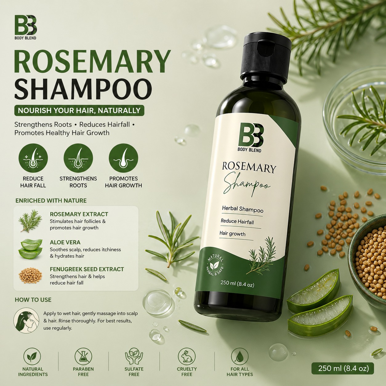 Body Blend Facebook ad: Body Blend Rosemary Herbal Shampoo, Stronger Roots, Fuller…