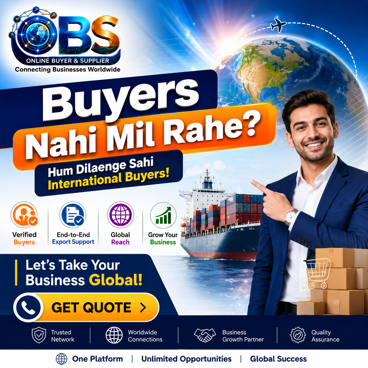 Online Buyer and Supplier Facebook ad: Connect with Verified International Buyers Worldwide