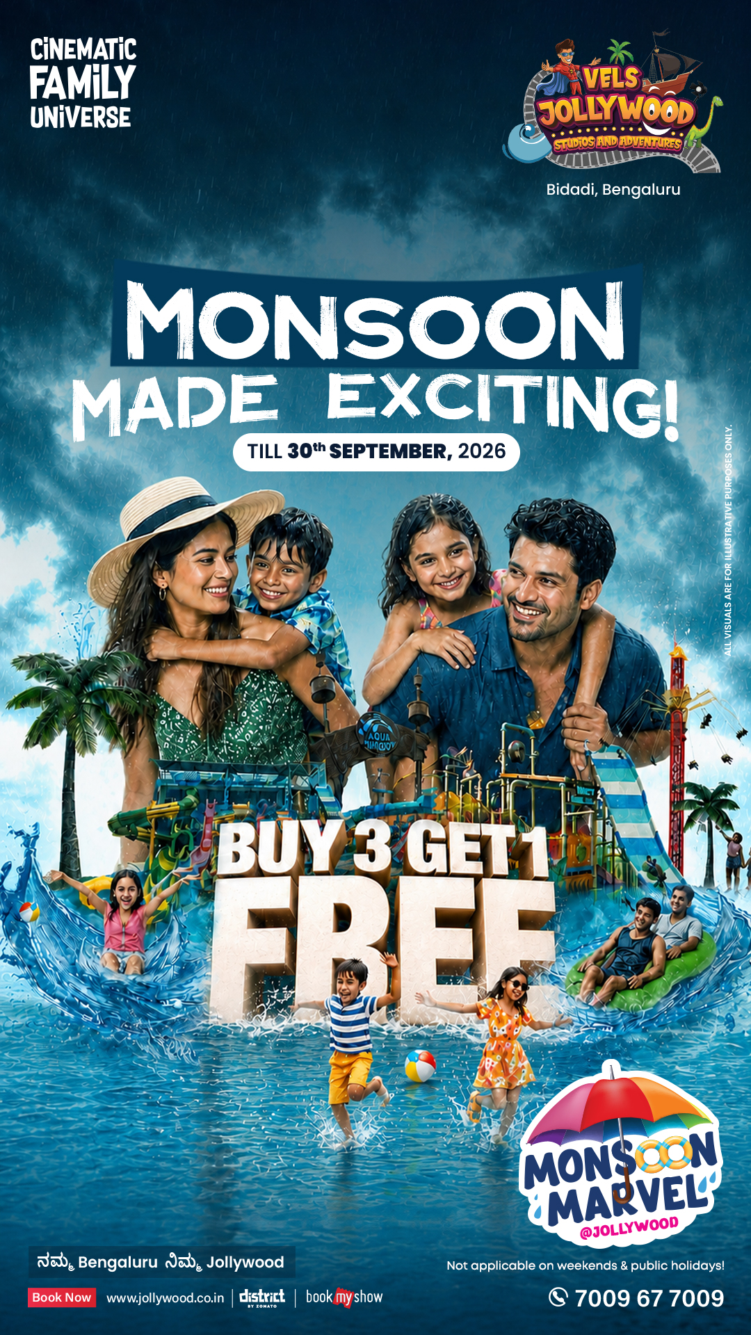 Vels Jollywood Adventures Facebook ad: Monsoon Marvel: Buy 3 Tickets & Get 1 FREE!