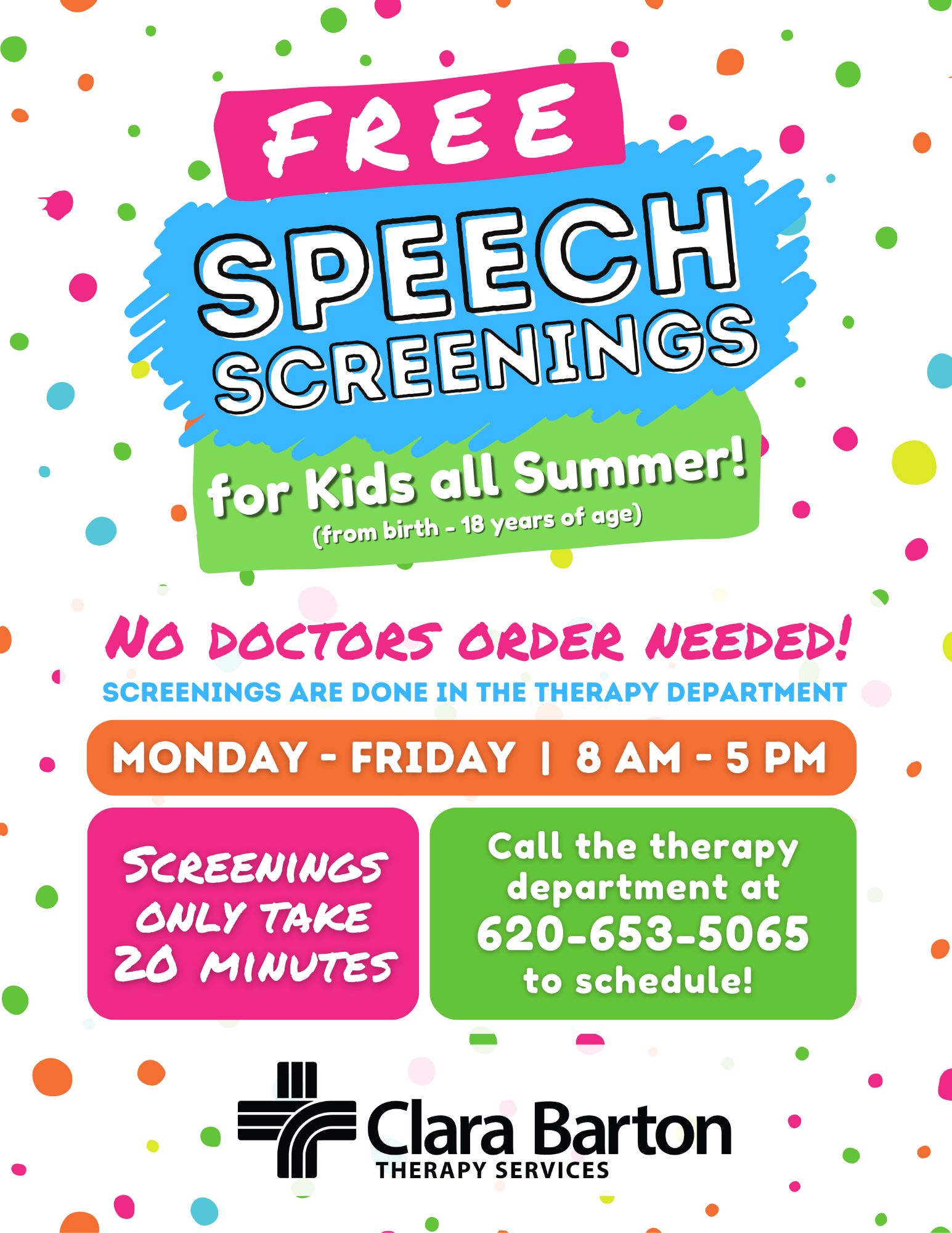 Clara Barton Medical Center Facebook ad: FREE Speech Screenings for Kids This Summer at…