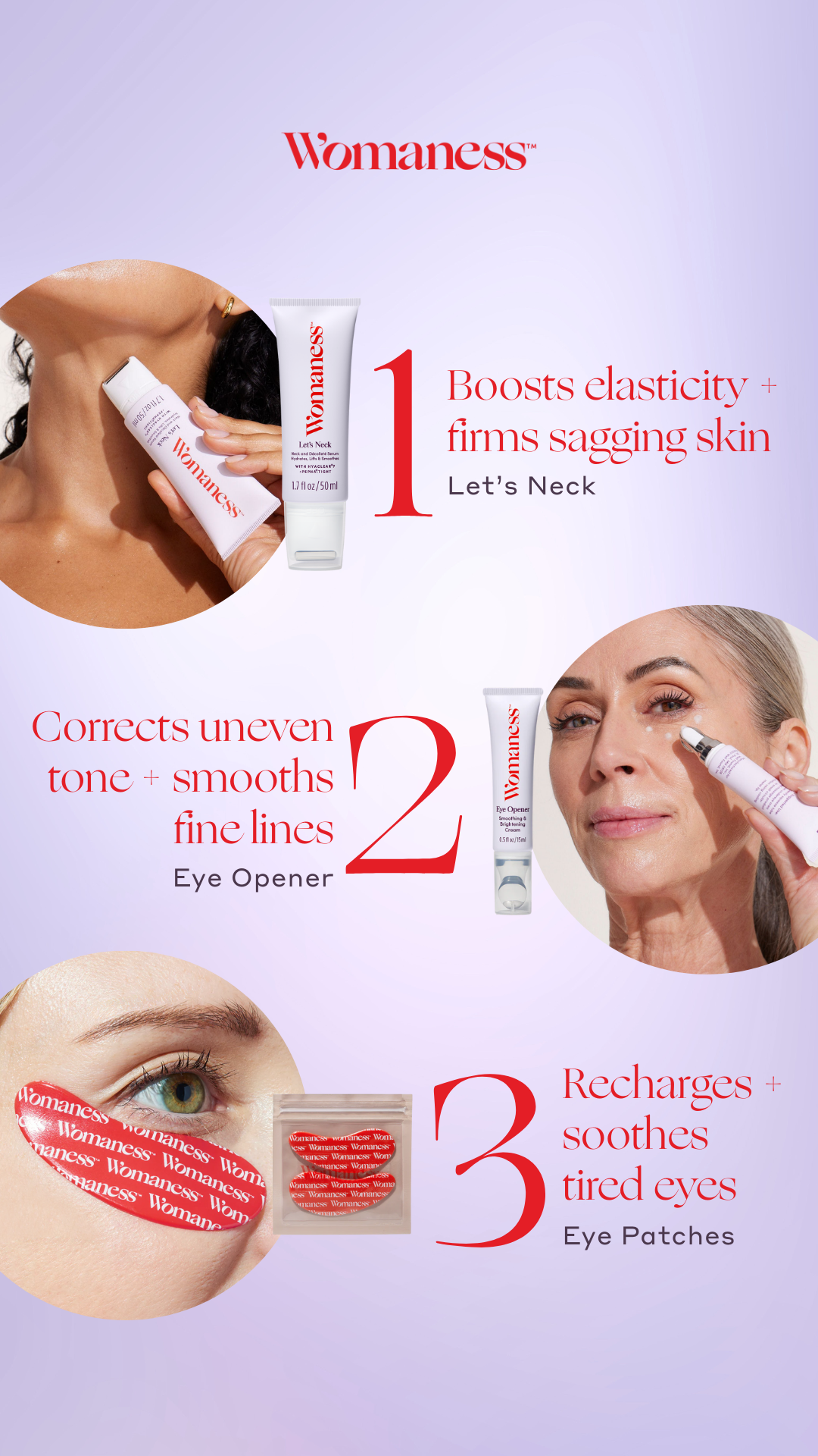 Womaness Facebook ad: Soothe and Lift Eyes and Neck @ Just $65