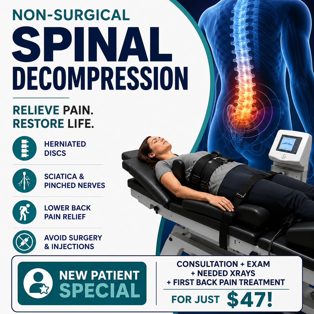 Neural FX Chiropractic Facebook ad: $47 Consult, Exam, XRays(If needed), First back pain…