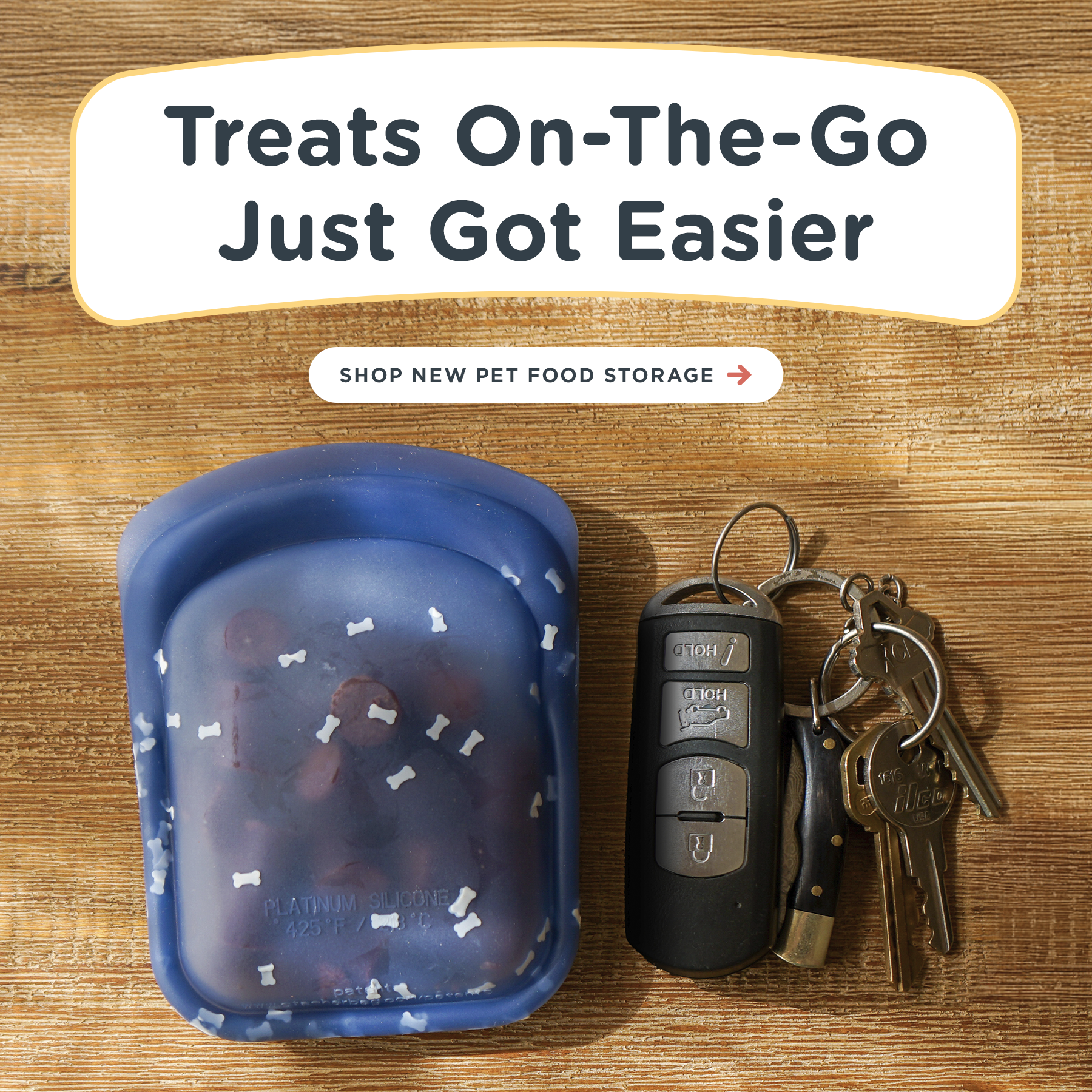 Stasher Facebook ad: Tired of messy pet food bags during travel?