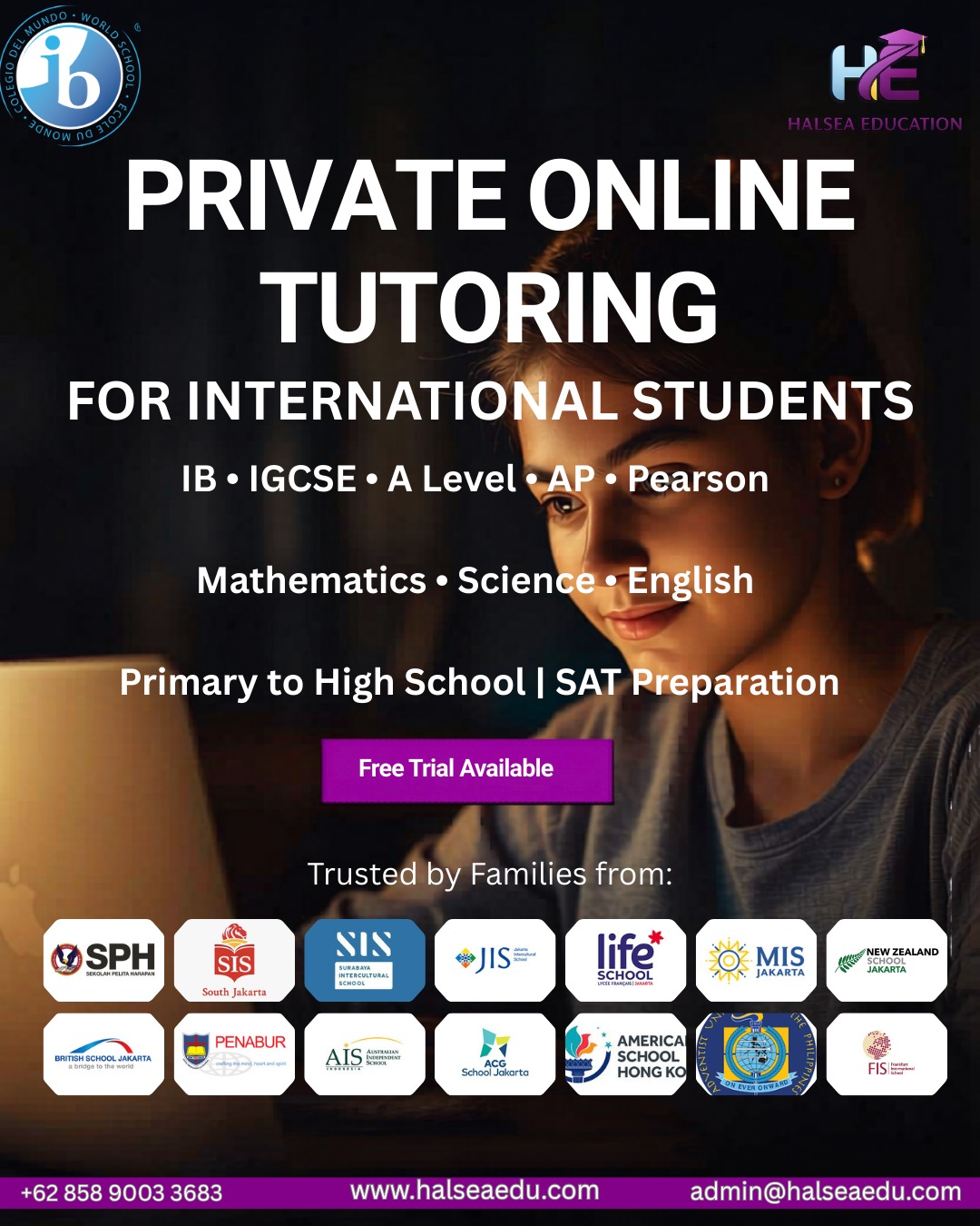 halseaedu Facebook ad: Private 1-on-1 Online Tutoring for International School…