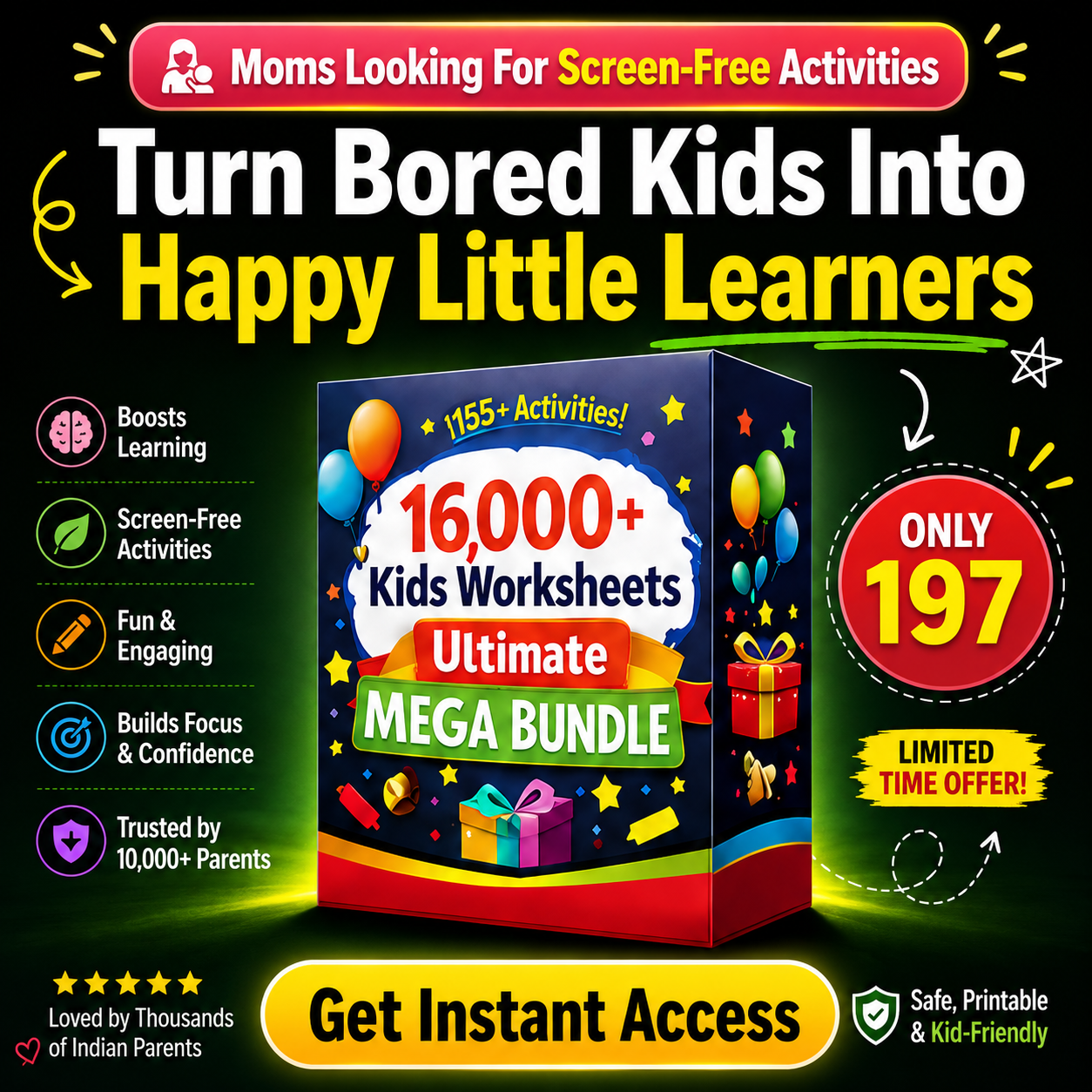 MiniMinds Printables Facebook ad: Today Only @197 16,000+ Printable Worksheets for Kids Now…