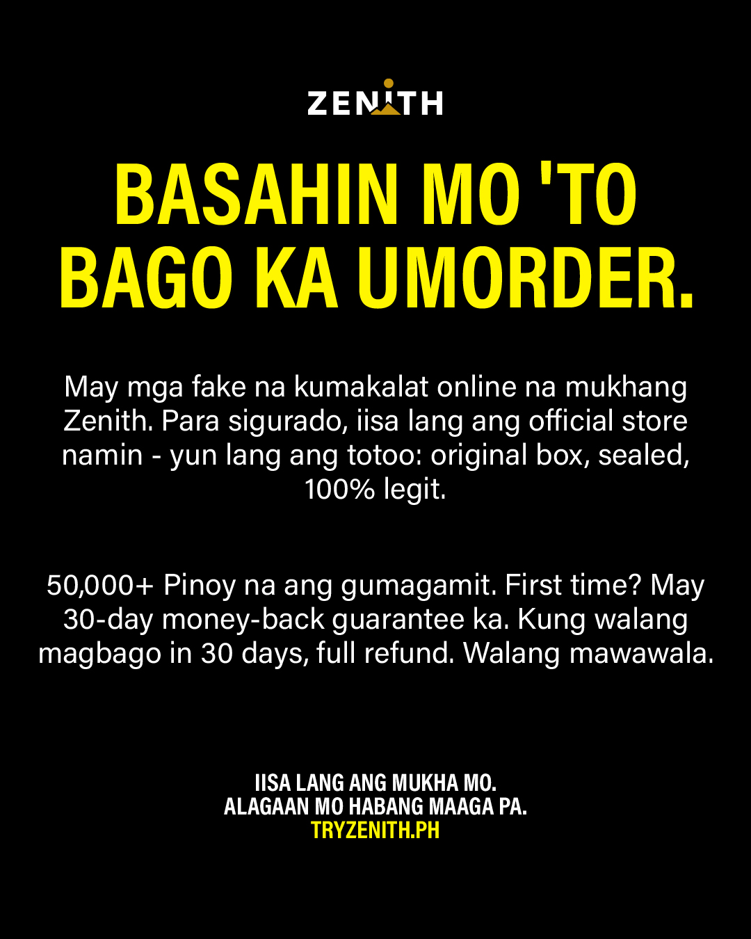 Zenith PH Facebook ad: Visibly Better Skin In 30 Days Or You Pay Nothing