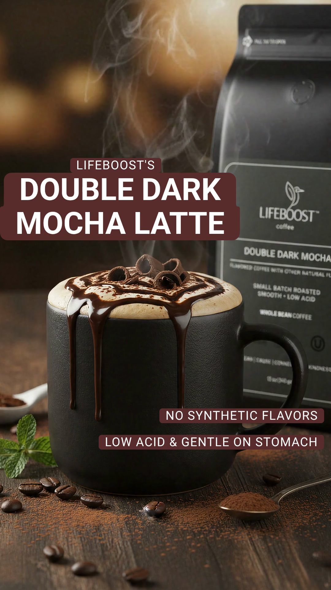 Lifeboost Coffee Facebook ad: Velvety Dark Chocolate Meets Low-Acid Dark Roast.