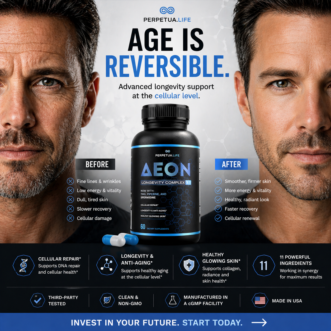 Perpetua.Life Biotech Facebook ad: Made in the USA, and 3rd party Tested!